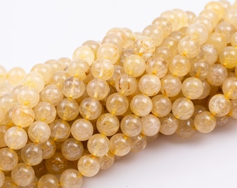 Natural Golden Rutile Quartz 4mm 6mm 8mm 10mm 12mm Round Gold Yellow Rutilated Quartz Beads Tons of Sharp Rutile Hair Needle 15.5" Strand