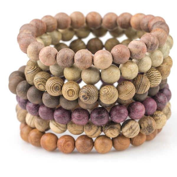 8 mm Stapelbare, mattierte Holzarmbänder - Handgemacht - Auf starken Stoffgummibändern - GROßHANDEL 6 Armbänder pro Bestellung - 8 mm 7-7,5 "