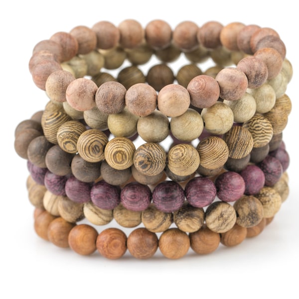 8mm Stackable Matte Finished Wood Bracelets - Handmade- On Strong Cloth Elastics- WHOLESALE 6 Bracelets per order - 8mm 7-7.5"