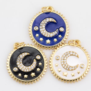 2 pcs Dainty Moon Enamel Pendant- 18k Gold  CZ Star or Moon Charm, Micro Pave Charm- 19mm 2 pcs per order