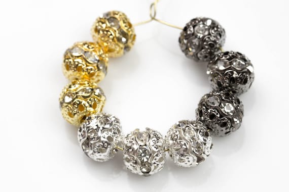 Lot De 10 Perles Filigranées Argentées 10mm Avec Strass Multicolores - Neuf, Création Bijoux