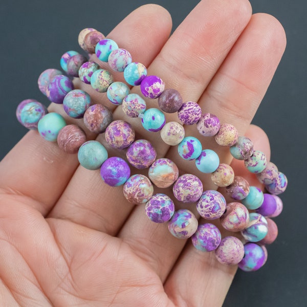 Purple Aqua Terra Jasper Bracelet Round Size 6mm and 8mm- Handmade In USA- approx. 7" Bracelet Crystal Bracelet