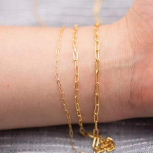 May include: Close-up of three delicate gold-colored chain necklaces. The chains have a rectangular link design. The necklaces are draped over a person's arm, with the background out of focus.