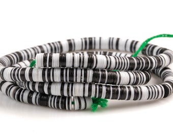 Black White Vinyl , African vulcanite vinyl disc beads-Heishi Shaped 6mm, Full Strands. 35 inch Strand