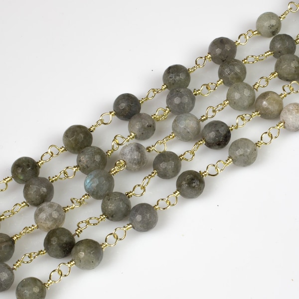 Gold Labradorite Rosary Chain by the Foot. 6mm/8mm Faceted Round