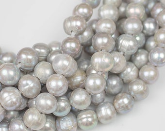 10mm Large Hole Freshwater Silver Pearl, 8 Inch Strand Big Hole Beads