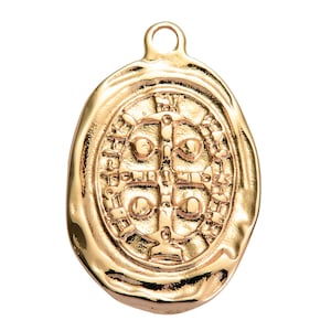 2pc 18k Gold  Waxed Stamped Design Spanish Coin Catholic Pirate San Benito Necklace Charm Bead -Rustic Coin- 12x18mm Antique Old Coin Oval