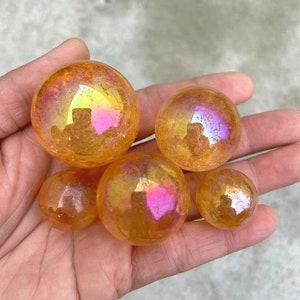 1 Pc Aura Mystic Orange Crystal Quartz Stone Sphere- Assorted Sizes