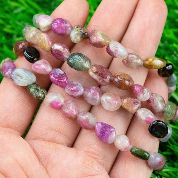 Watermelon Tourmaline Stretchy String Oval Bracelet Natural Crystal Gemstone Bracelets - Gemstone Nugget Bracelets Handmade Jewelry Bracelet