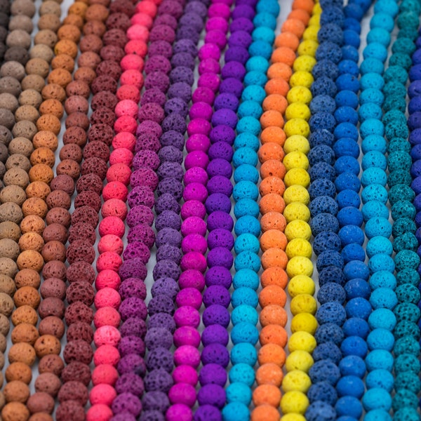 Perles de pierre de lave multicolores, rondes naturelles, 8 mm, en vrac - Perles de lave colorées - Chapelets complets de 15,5 po. - Prix de gros