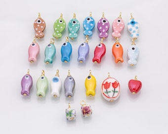 18K Gold PVD Colorful ceramic fish charm hmade painting ceramic porcelain animal flower vintage charm f  heart - Tarnish Resistant