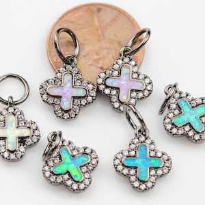 Tiny Opal Flower Charm Wrapped in Cz Gunmetal- Perfect for Chokers or Bracelets!
