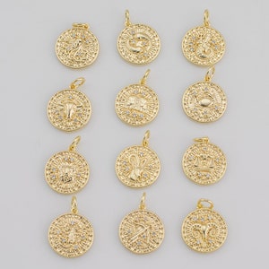 Dainty 18K Gold  Zodiac Horoscope Sign Medallion Pendant Sparkle Astro Coin for Necklace Bracelet Jewelry Making Supply- 14mm