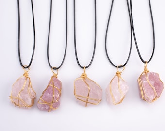 Raw Rose Quartz Necklace Pendant Handwrapped in USA Healing Crystal Chakra Stone Carnelian Necklace Rose Quartz Jewelry Pre-charged