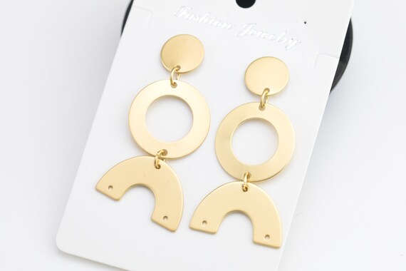 Double-Tiered Geometric Brass Earrings Handmade Geometric Tiered Brass Drop Earrings-Gold-tone-Fair  main image 2