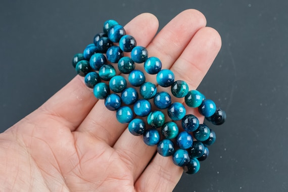 Blue Teal Tiger's Eye Bracelet Round Size 6mm and 8mm Handmade