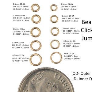 May include: Assortment of gold jump rings in various sizes, ranging from 2.3mm to 4.0mm in diameter. The rings are arranged in rows, with the outer diameter and inner diameter measurements listed next to each ring. The text "BeadBoat1 Click & Lock Jump Rings" is displayed in the upper right corner of the image. The text "OD- Outer Dimensions ID- Inner Dimensions" is displayed in the lower right corner of the image.