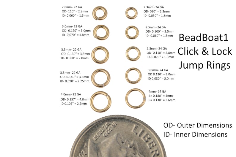 May include: Assortment of gold jump rings in various sizes, ranging from 2.3mm to 4.0mm in diameter. The rings are arranged in rows, with the outer diameter and inner diameter measurements listed next to each ring. The text "BeadBoat1 Click & Lock Jump Rings" is displayed in the upper right corner of the image. The text "OD- Outer Dimensions ID- Inner Dimensions" is displayed in the lower right corner of the image.