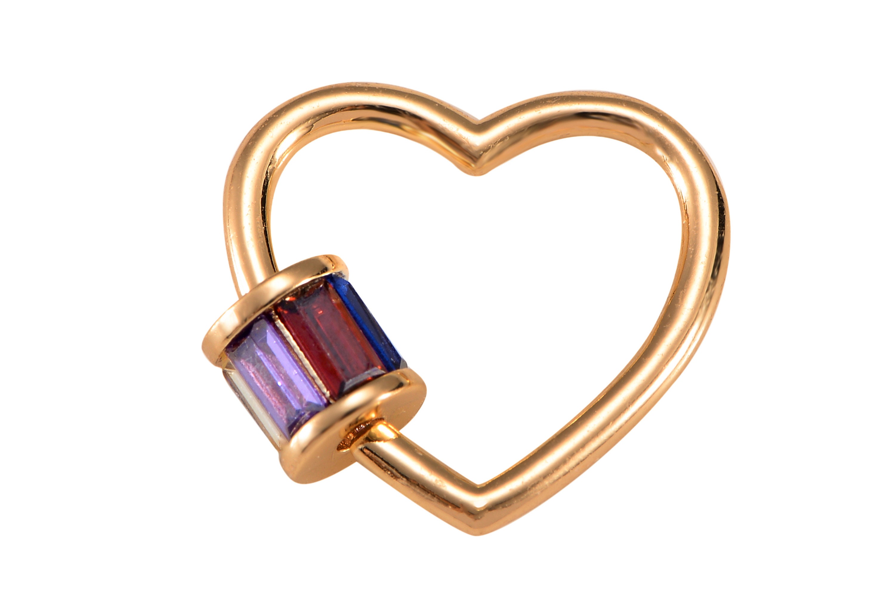18k Gold Heart With Multi Color CZ Carabiner Clasp Diamond CZ Oval
