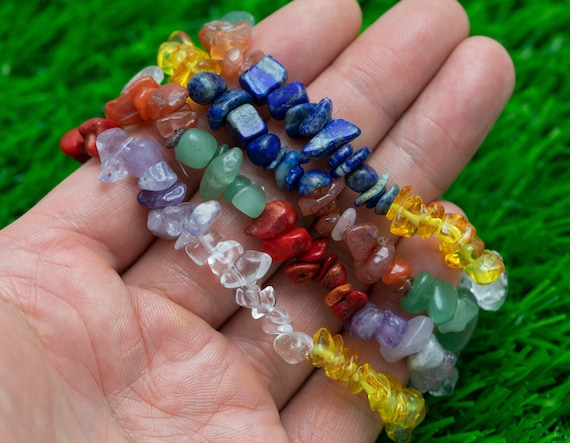 Natural Chakra Mixed Gemstone Stretchy String Bracelet - Lapis Yellow  Quartz Green Jade Clear Quartz Carnelian Amethyst Red Coral Bracelet