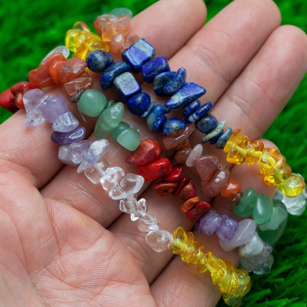 Natural Chakra Mixed Gemstone Stretchy String Bracelet - Lapis Yellow Quartz Green Jade Clear Quartz Carnelian Amethyst Red Coral Bracelet