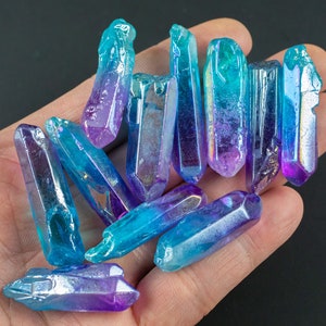 Aqua Aura Quartz Crystal Point (~1&quot; - 1.5&quot;) - Bi Color Aqua Aura Quartz Point - Quartz Stone- Healing Crystals & Stones- Raw Shard Quartz