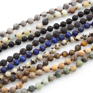 Long Skinny Knotted - Preknotted Necklace-  Assorted Gemstones 4mm- 36 inches Long- Ready to wear- Long Necklace