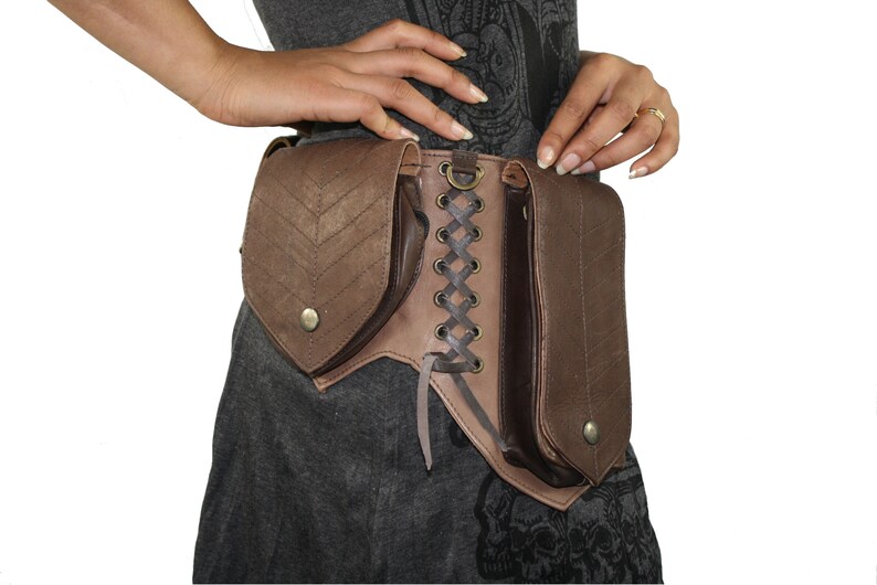 Four Leaf Brown Handmade Leather Utility Belt With Pockets Renaissance Hip Pouch Festival Burning Man Steampunk