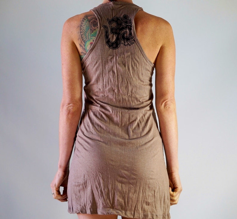 Tan Painted Ganesh Preshrunk Comfy Cotton Racer back Tank Dress Tribal Boho Gypsie Elephant Lokazu Casual Comfort Wear Yoga Texas Zen