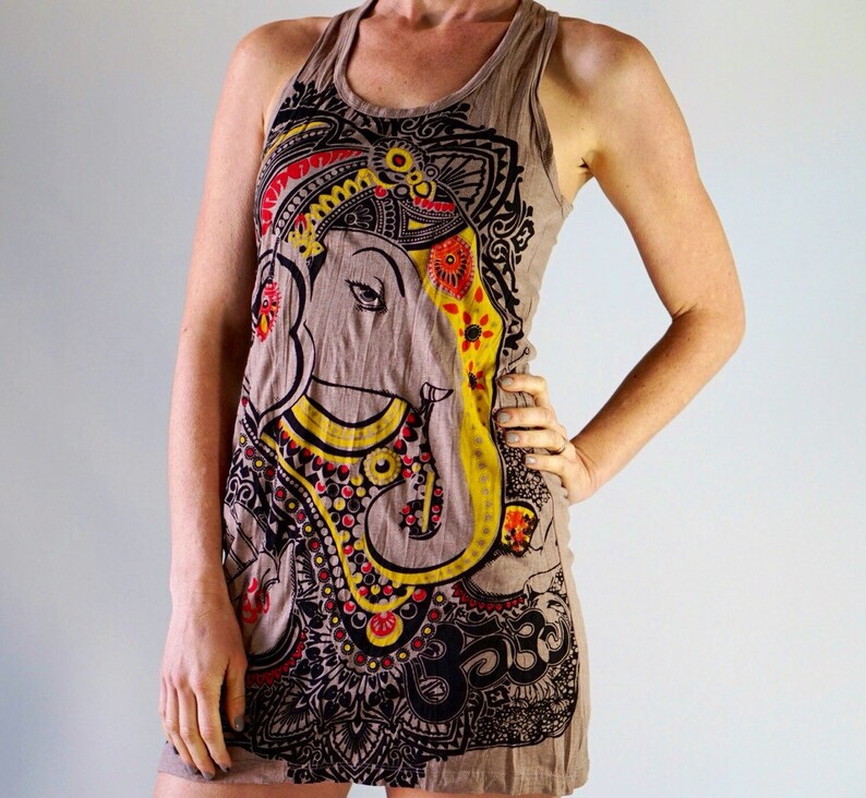 Tan Painted Ganesh Preshrunk Comfy Cotton Racer back Tank Dress Tribal Boho Gypsie Elephant Lokazu Casual Comfort Wear Yoga Texas Zen