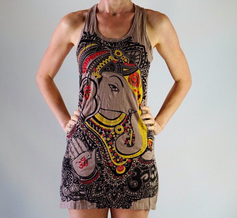 Tan Painted Ganesh Preshrunk Comfy Cotton Racer back Tank Dress Tribal Boho Gypsie Elephant Lokazu Casual Comfort Wear Yoga Texas Zen