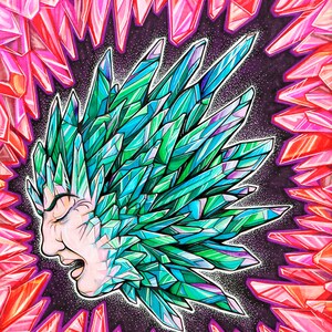May include: A digital illustration of a face surrounded by a burst of green, blue, and purple crystals. The face is surrounded by a ring of red crystals.