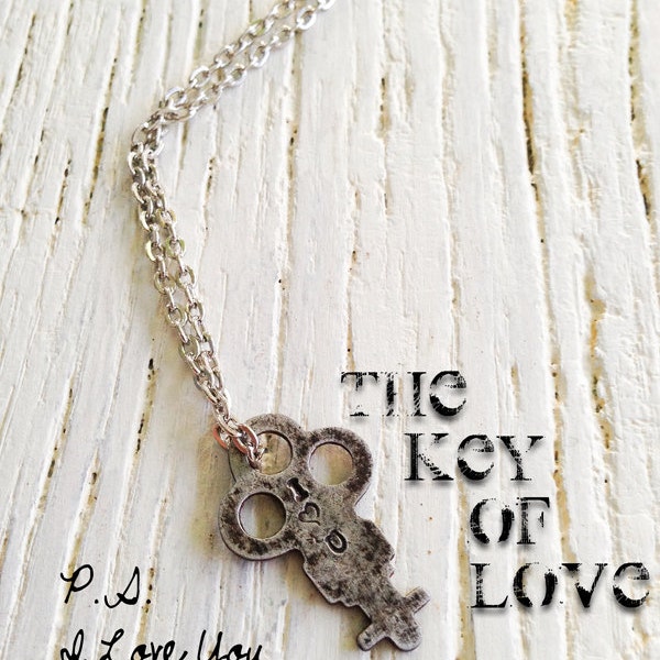 HAND GESTEMPELT Schmuck, I Love You, Vintage Schlüssel Halskette, Valentines Geschenk, Engagement Geschenk, Antiquität, Engraved, Weihnachten, Romantik, Recyclingpapier,