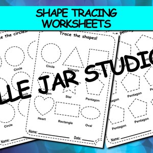 May include: Three black and white printable worksheets for tracing shapes. The worksheets include circles, triangles, stars, pentagons, hearts, rectangles, and ovals. The worksheets have the title "Shape Tracing Worksheets" and the text "Trace the circles", "Trace the shapes!" and "Belle Jar Studios".