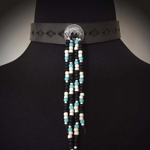 Buffalo concho leather choker with seed and sterling silver beads