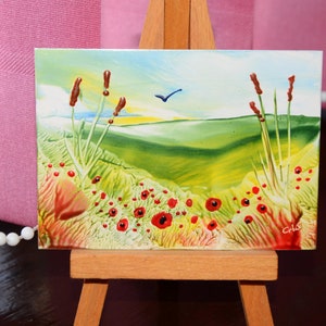 Encaustic Wax Art ACEO, Poppy Fields 22, Fantasy Miniature Art, Original