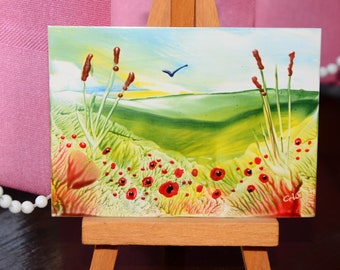 Encaustic Wax Art ACEO, Poppy Fields 22, Fantasy Miniature Art, Original