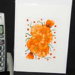 Encaustic Wax Original Art Card, Orange Floral Hearts, Portrait Style