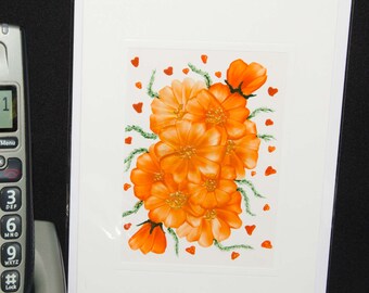 Encaustic Wax Original Art Card, Orange Floral Hearts, Portrait Style