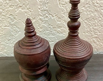 Burmese Offering Vessels Antique Vintage Carved Wood Stand Set of Two