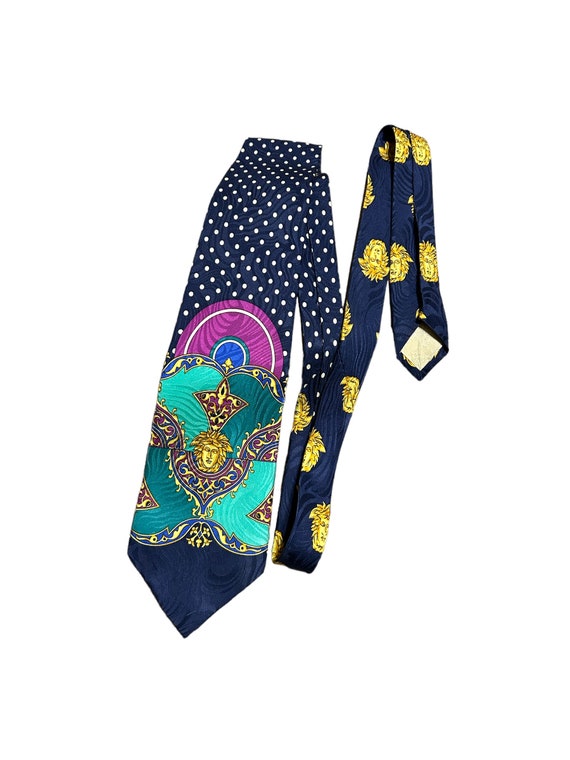 Vintage GIANNI VERSACE Navy Blue Silk Tie with Po… - image 1