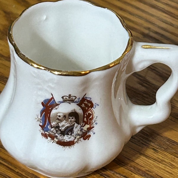 Vintage King Edward VII & Queen Alexandra Bone China Miniature Souvenir Mini Mug 2” Royal Staffordshire