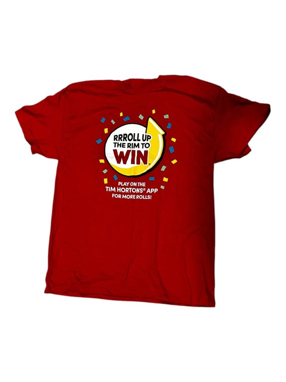 Vintage Tim Hortons Coffee Roll up Rim Win Employee Men's Red T