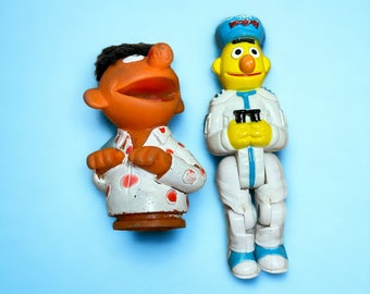 1990s Ernie finger puppet PJ Toy with Fluffy hair & Bert with binoculars