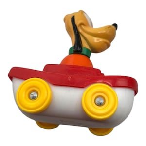 Vintage ILLCO Disney Micky Maus Pluto im roten Boot und Micky im gelben Zug Spielzeug - 1980s Rolling Spielzeug selten
