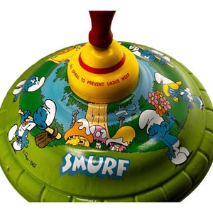 Vintage 1982 Toy Metal Spinning Top SMURFS Wood Handle