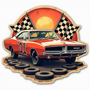 Könnte beinhalten: Ein roter Dodge Charger mit der Nummer 01 an der Seite, einer karierten Flagge auf jeder Seite und dem Wort "General Lee" auf der Rückseite. Das Auto steht auf einer unbefestigten Straße mit Reifen, die um ihn herum verstreut sind.