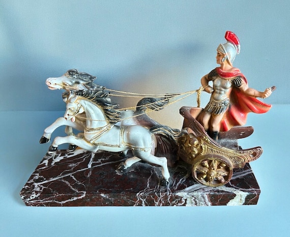 Antique Roman Chariot - Warrior Horses Cart Sculpture - Made in