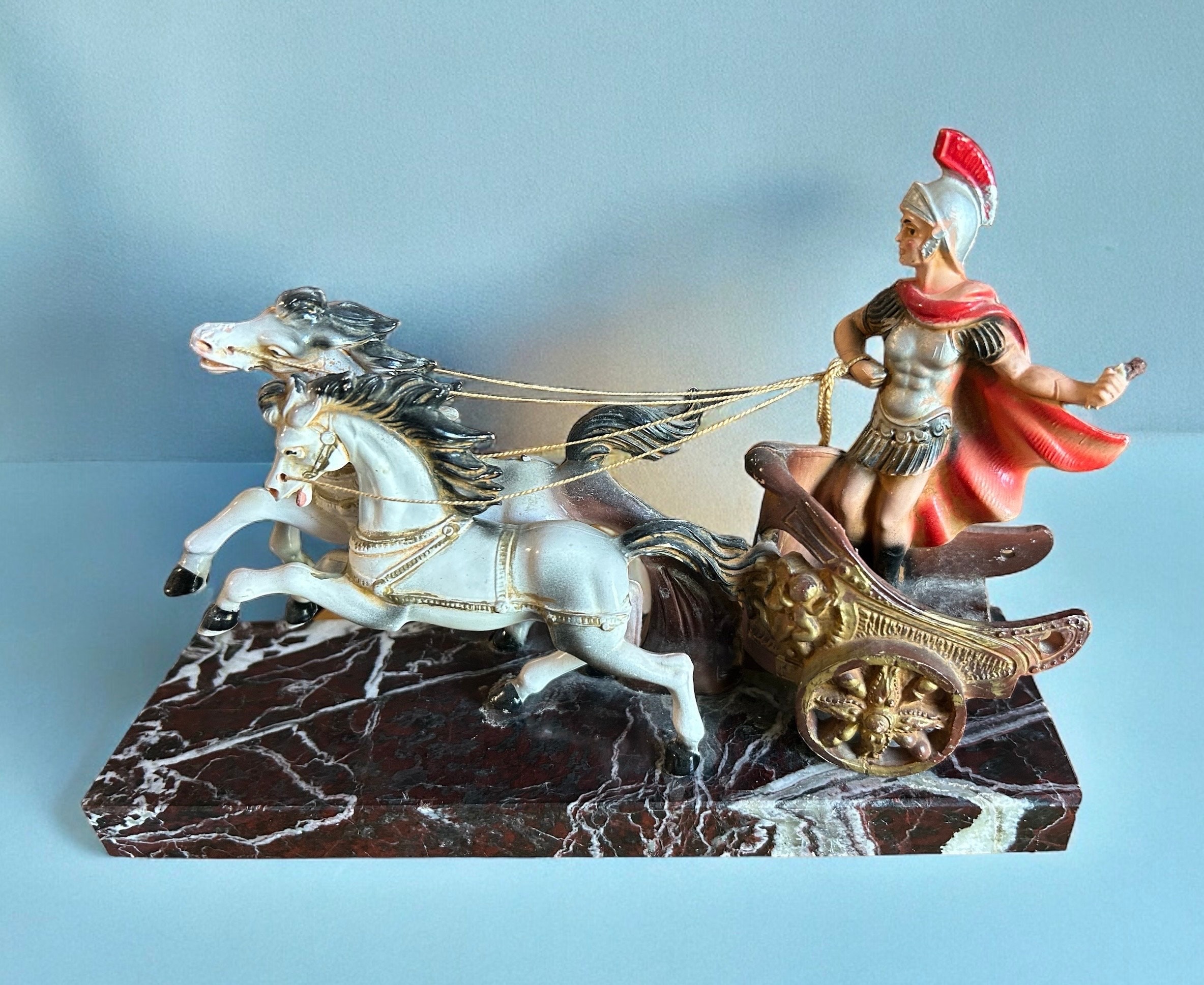 Antique Roman Chariot - Warrior Horses Cart Sculpture - Made in