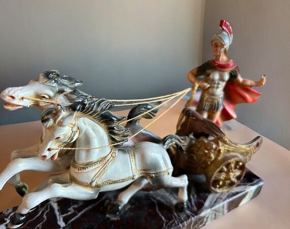 Antique Roman Chariot - Warrior Horses Cart Sculpture - Made in